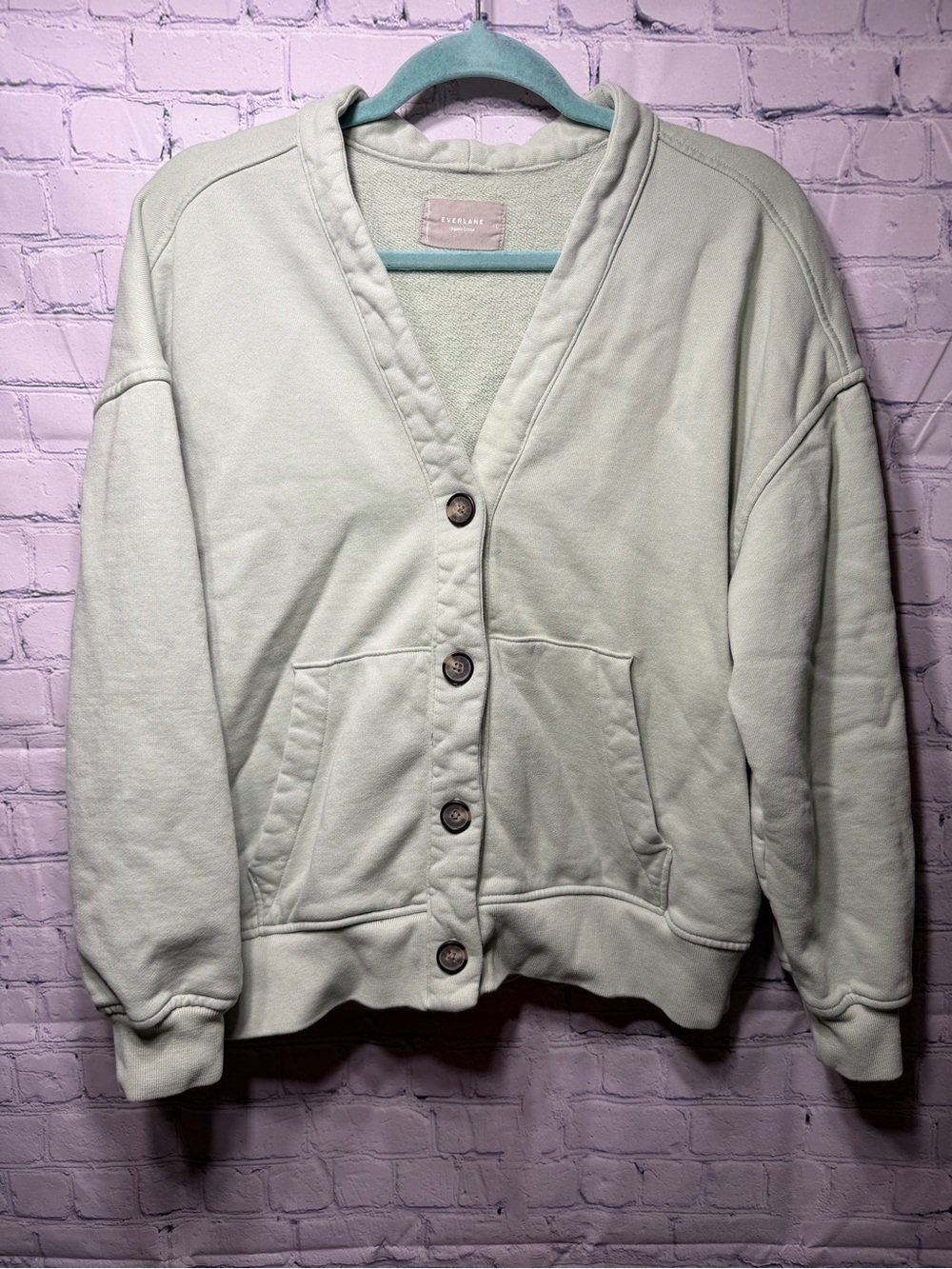 Everlane Womens Organic Cotton Varsity Cardigan Green Blue Sz L Preppy Academia
